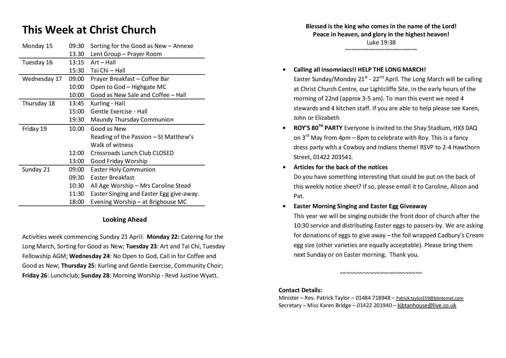 Weekly Notices - 14 April 2019 - Christ Church