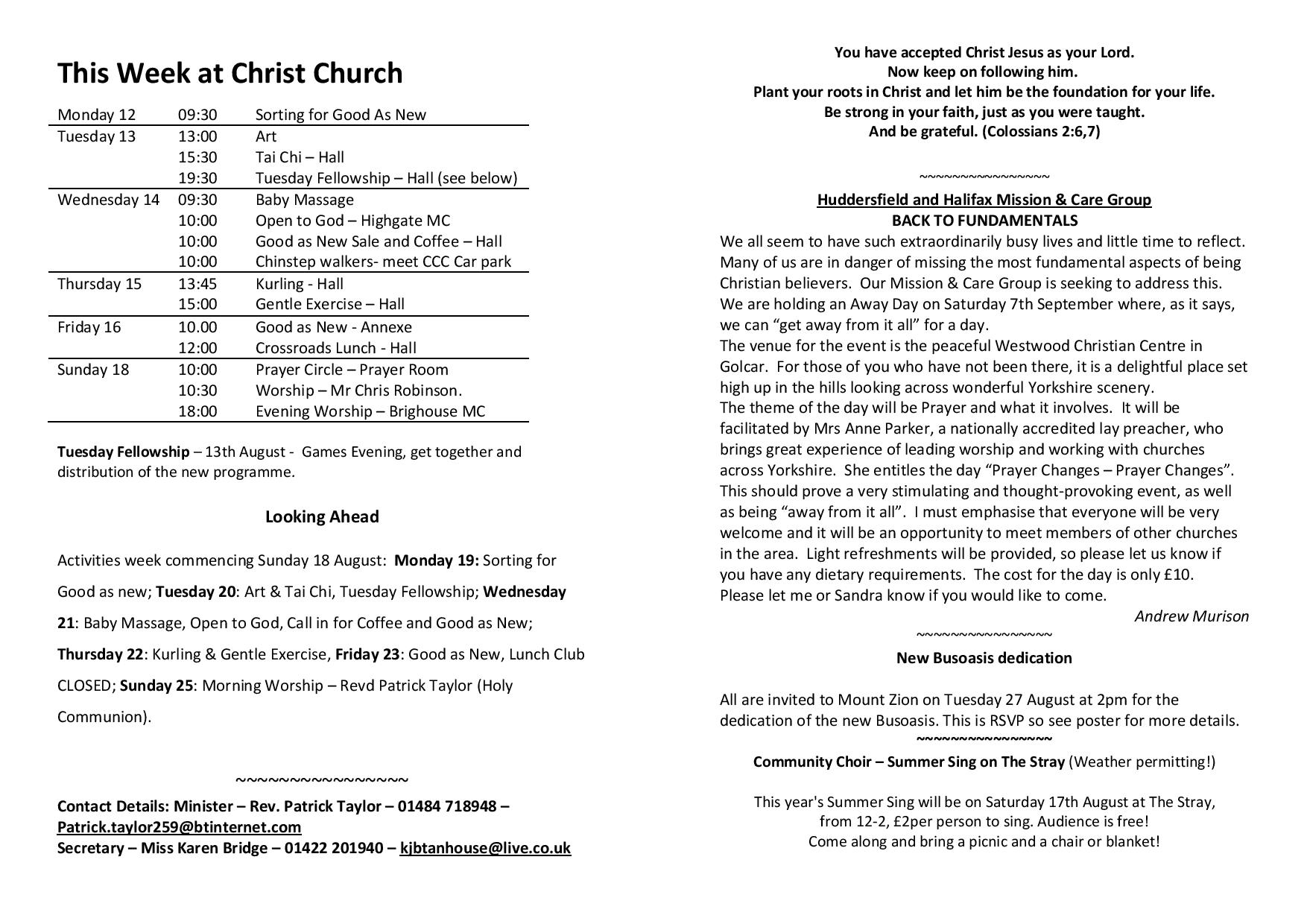 Weekly Notices - 11th August 2019 - Christ Church